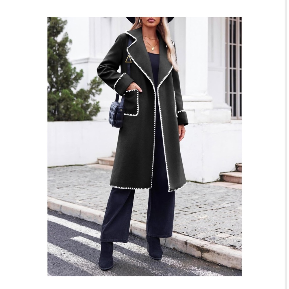 Long Peacoat Trench Coat Jacket White Embroidered Trim - Tie Belt and Pockets - Picture 6 of 10